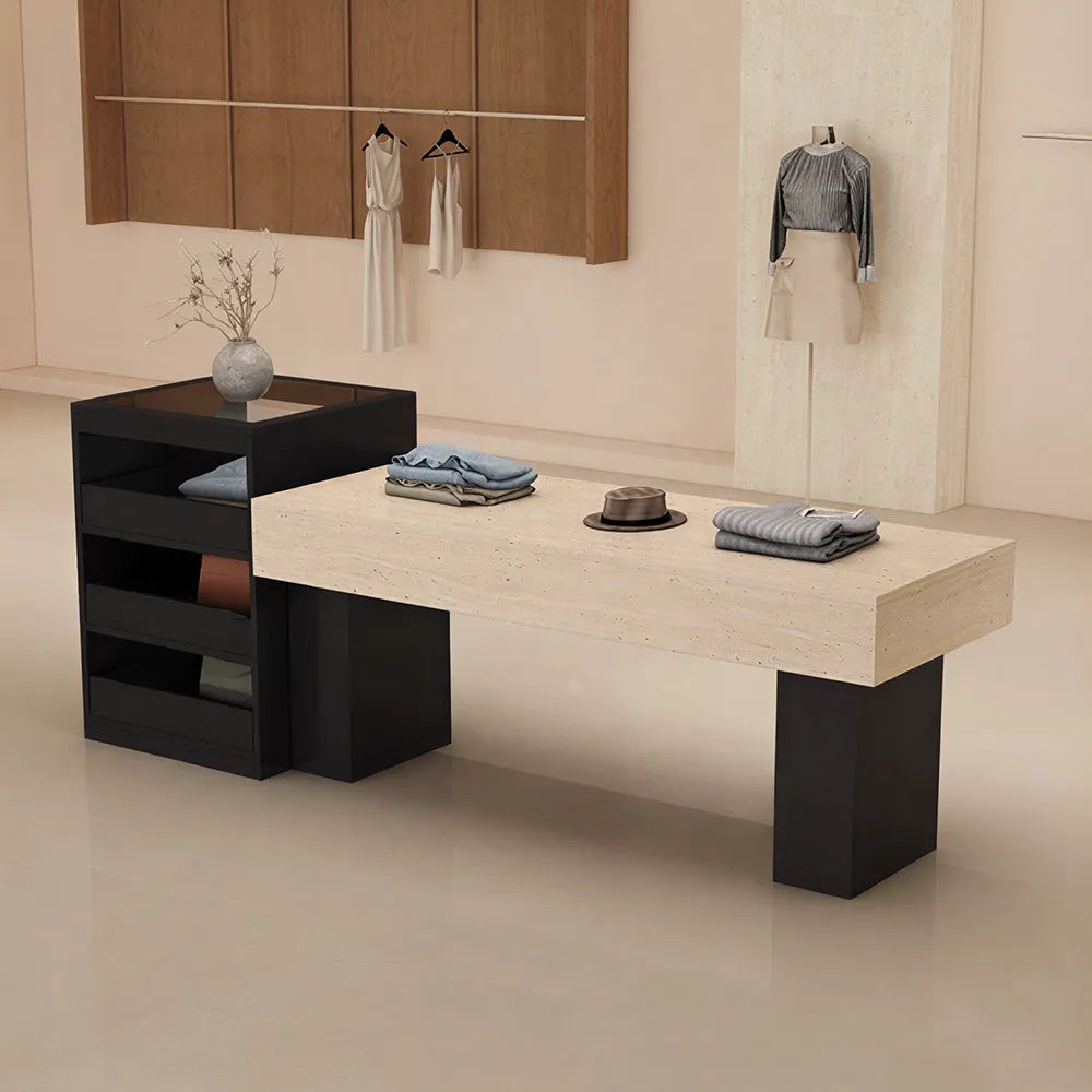LIVARA 120/180cm Retail Island Display Table with Multi-Drawer Storage for Clothing Store - Black & Beige