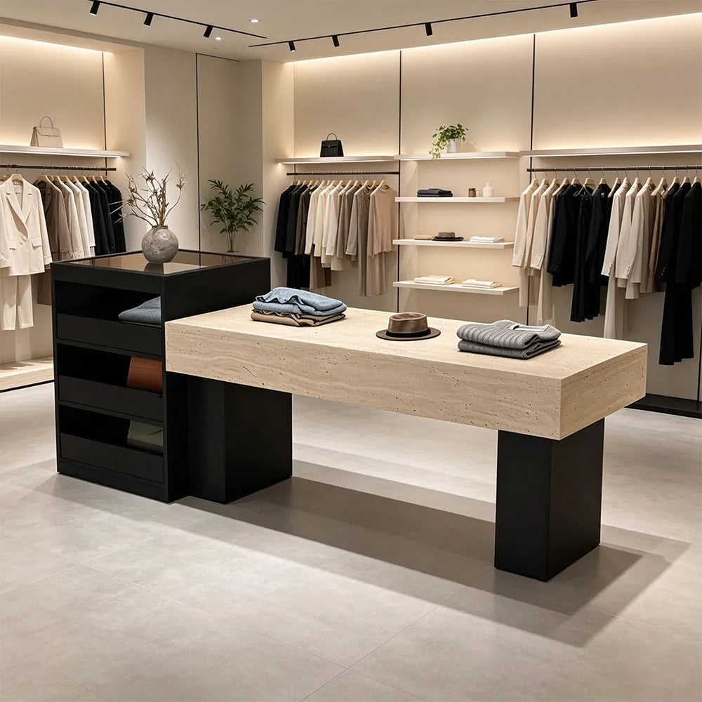 LIVARA 120/180cm Retail Island Display Table with Multi-Drawer Storage for Clothing Store - Black & Beige