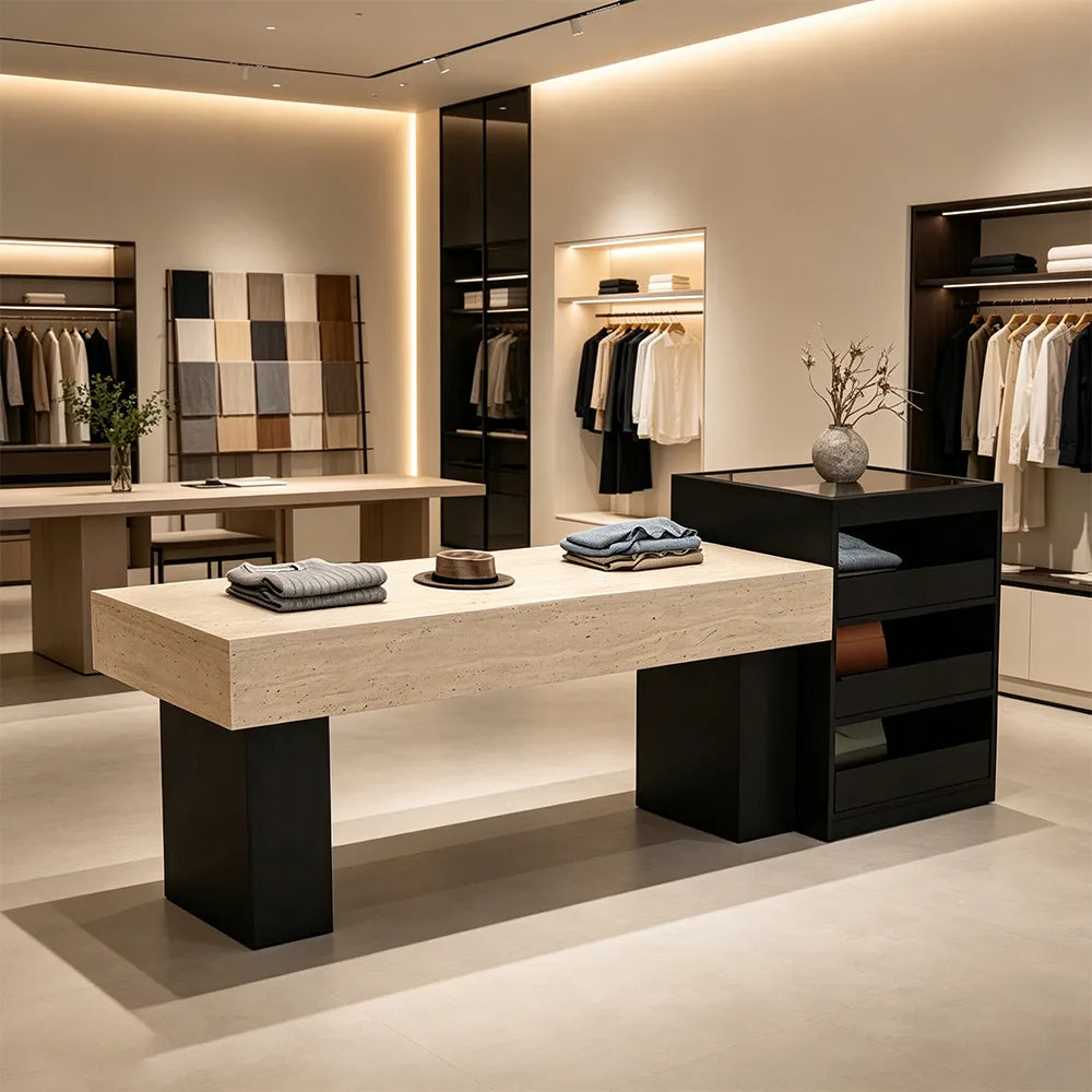 LIVARA 120/180cm Retail Island Display Table with Multi-Drawer Storage for Clothing Store - Black & Beige
