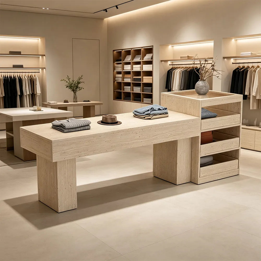 LIVARA 120/180cm Retail Island Display Table with Multi-Drawer Storage for Clothing Store - Beige