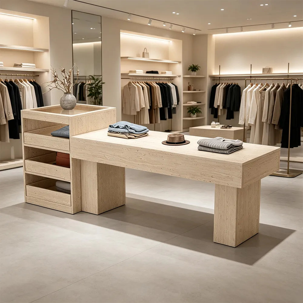 LIVARA 120/180cm Retail Island Display Table with Multi-Drawer Storage for Clothing Store - Beige