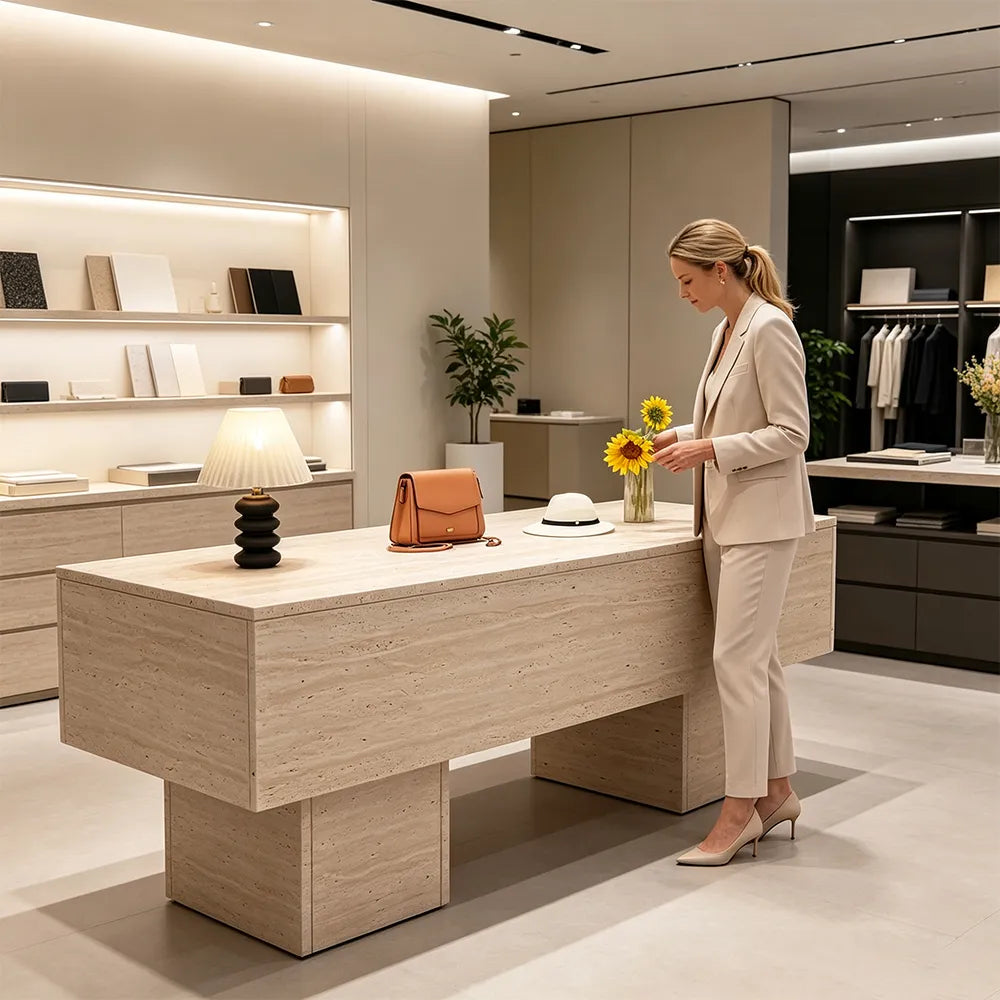 LIVARA 120/180cm Retail Island Display Table with Open Storage for Clothing and Boutique Stores - Full Travertine