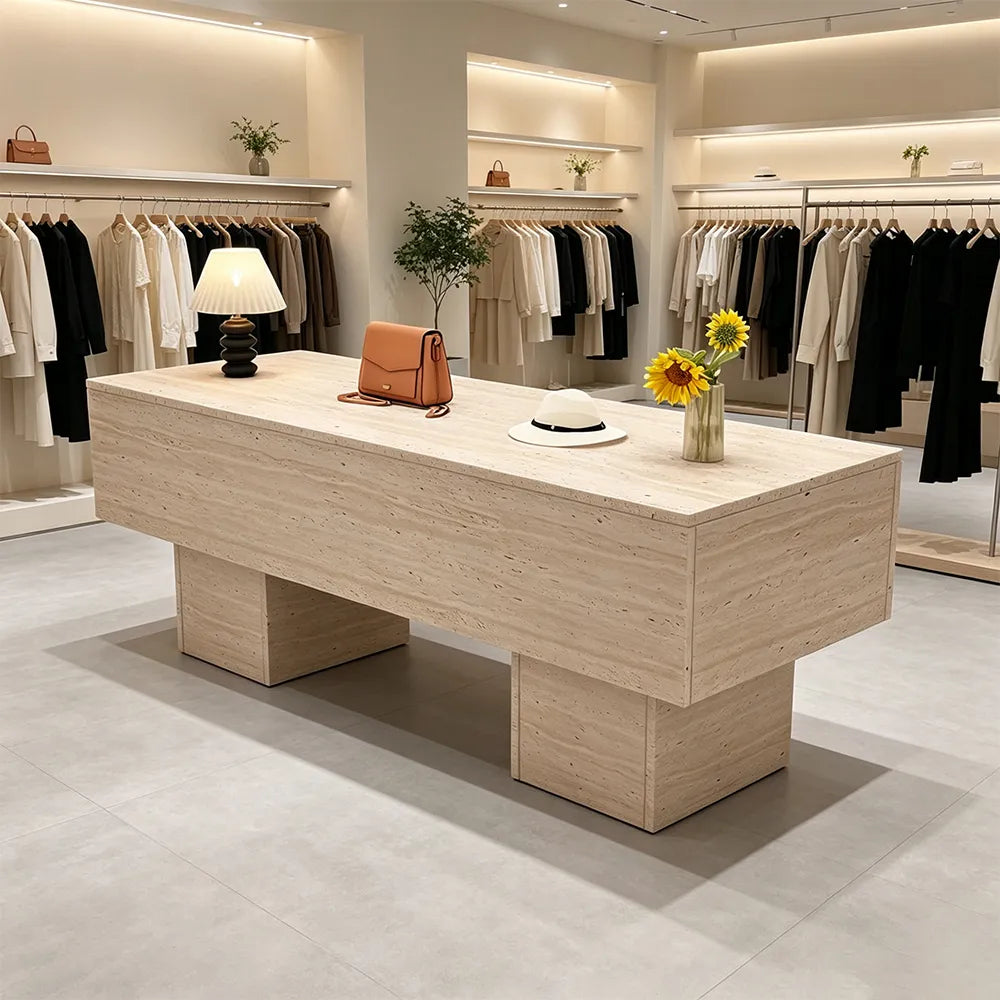 LIVARA 120/180cm Retail Island Display Table with Open Storage for Clothing and Boutique Stores - Full Travertine