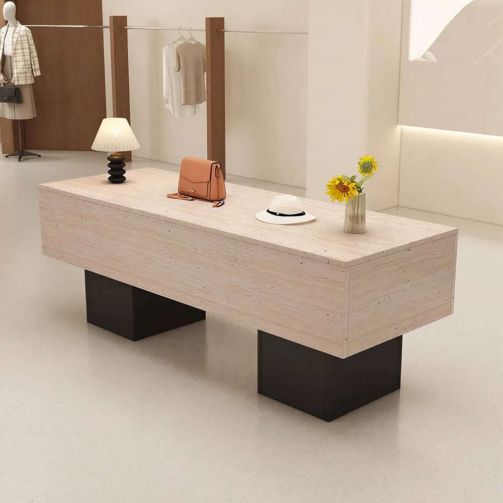 LIVARA 120/180cm Retail Island Display Table with Open Storage for Clothing and Boutique Stores - Travertine & Black Base