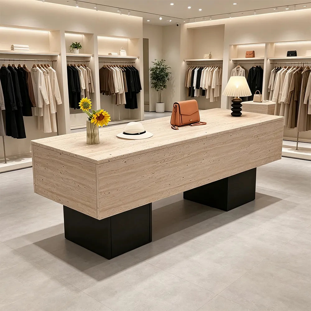 LIVARA 120/180cm Retail Island Display Table with Open Storage for Clothing and Boutique Stores - Travertine & Black Base