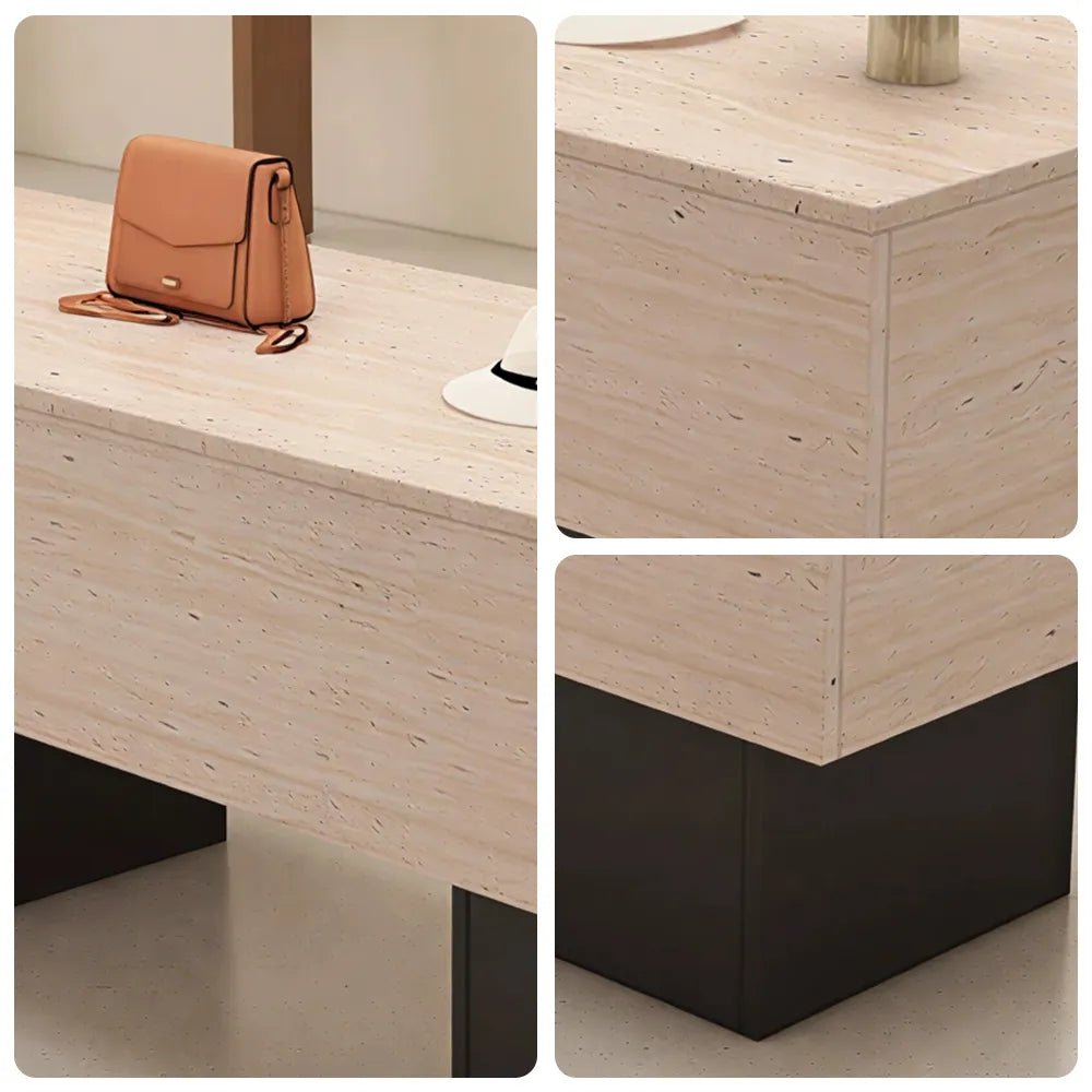 LIVARA 120/180cm Retail Island Display Table with Open Storage for Clothing and Boutique Stores - Travertine & Black Base