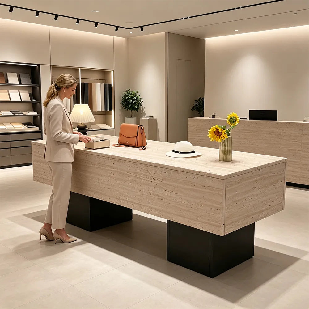 LIVARA 120/180cm Retail Island Display Table with Open Storage for Clothing and Boutique Stores - Travertine & Black Base