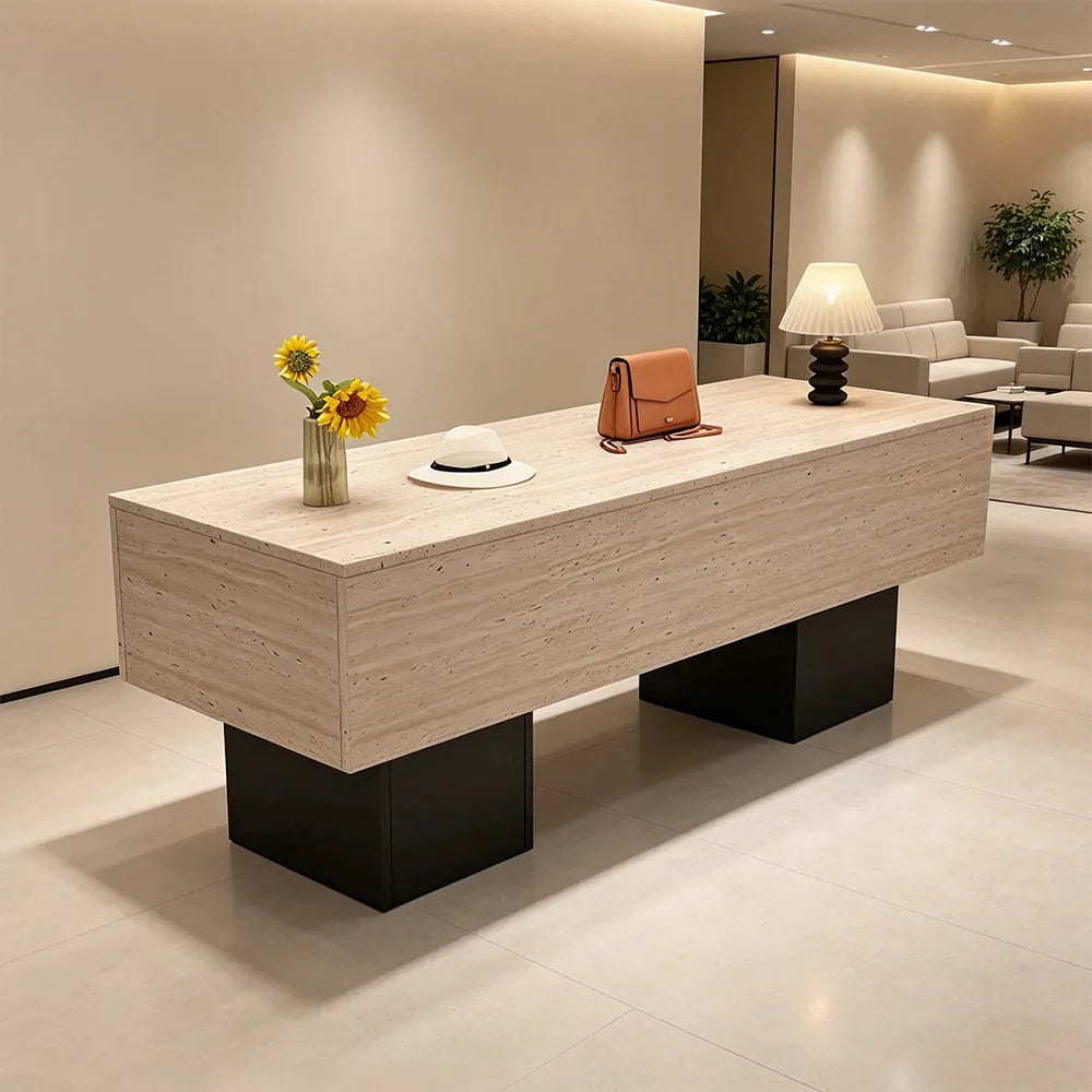 LIVARA 120/180cm Retail Island Display Table with Open Storage for Clothing and Boutique Stores - Travertine & Black Base