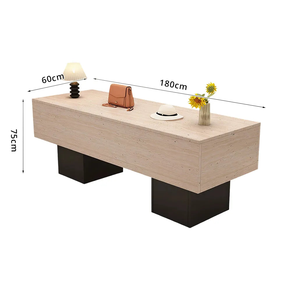 LIVARA 120/180cm Retail Island Display Table with Open Storage for Clothing and Boutique Stores - Travertine & Black Base