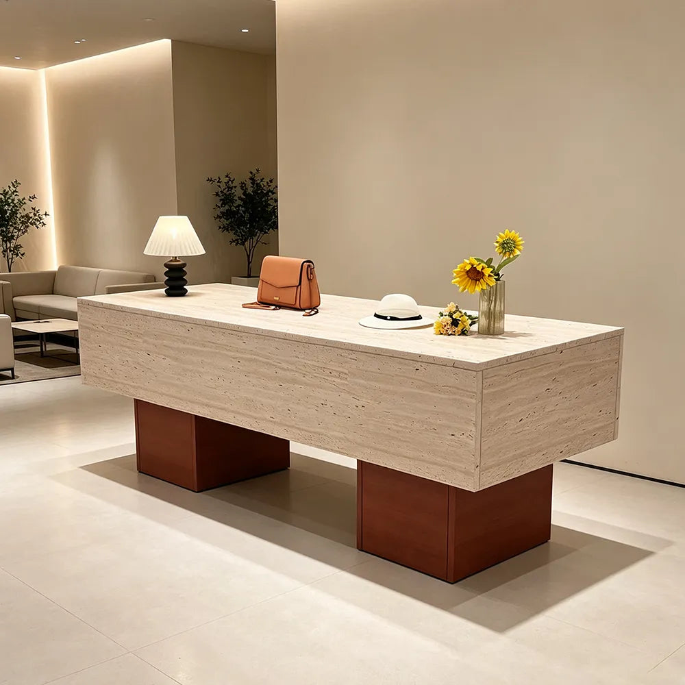 LIVARA 120/180cm Retail Island Display Table with Open Storage for Clothing and Boutique Stores - Travertine & Wood Base