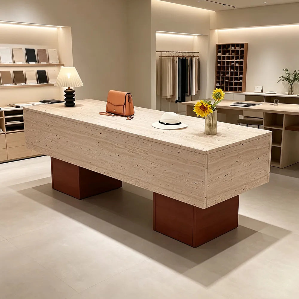 LIVARA 120/180cm Retail Island Display Table with Open Storage for Clothing and Boutique Stores - Travertine & Wood Base