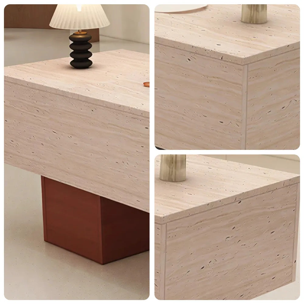 LIVARA 120/180cm Retail Island Display Table with Open Storage for Clothing and Boutique Stores - Travertine & Wood Base