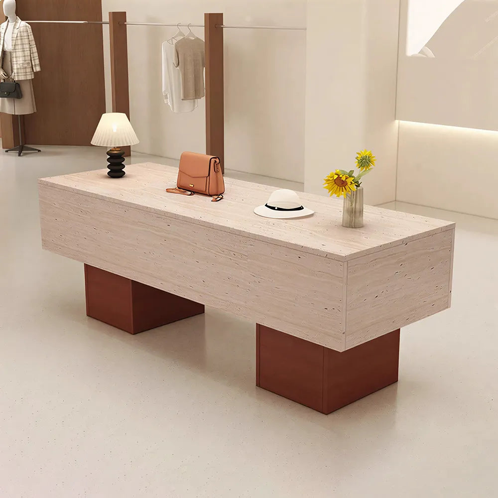 LIVARA 120/180cm Retail Island Display Table with Open Storage for Clothing and Boutique Stores - Travertine & Wood Base