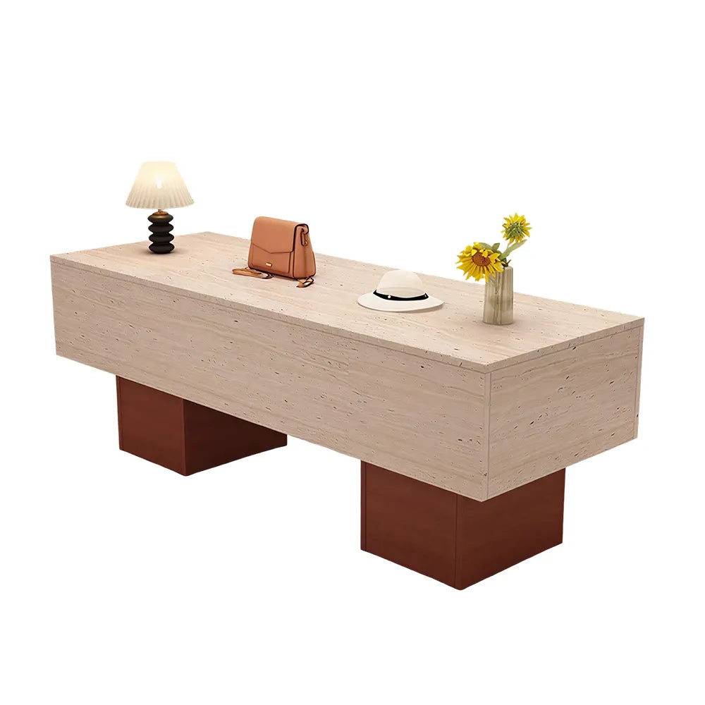 LIVARA 120/180cm Retail Island Display Table with Open Storage for Clothing and Boutique Stores - Travertine & Wood Base