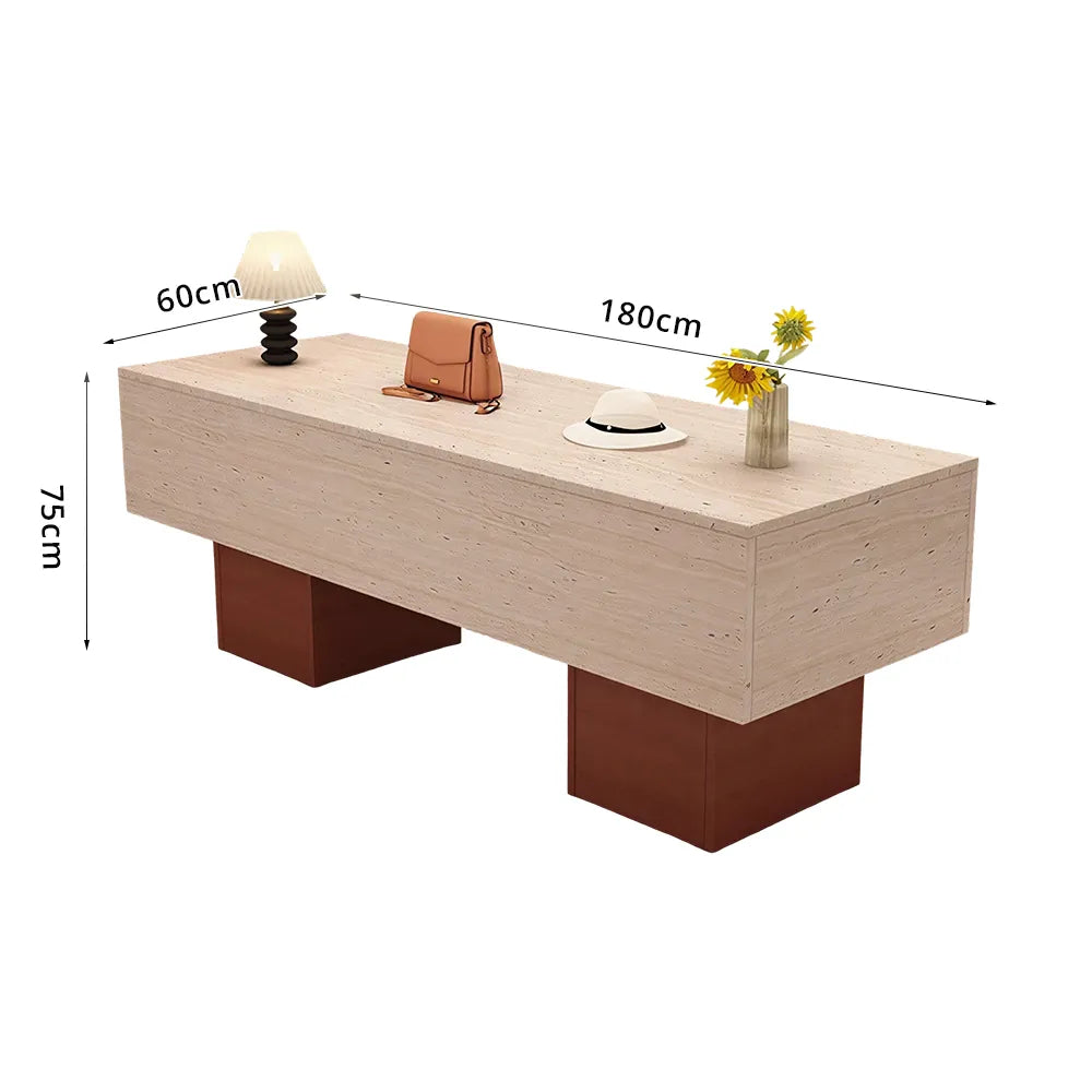 LIVARA 120/180cm Retail Island Display Table with Open Storage for Clothing and Boutique Stores - Travertine & Wood Base