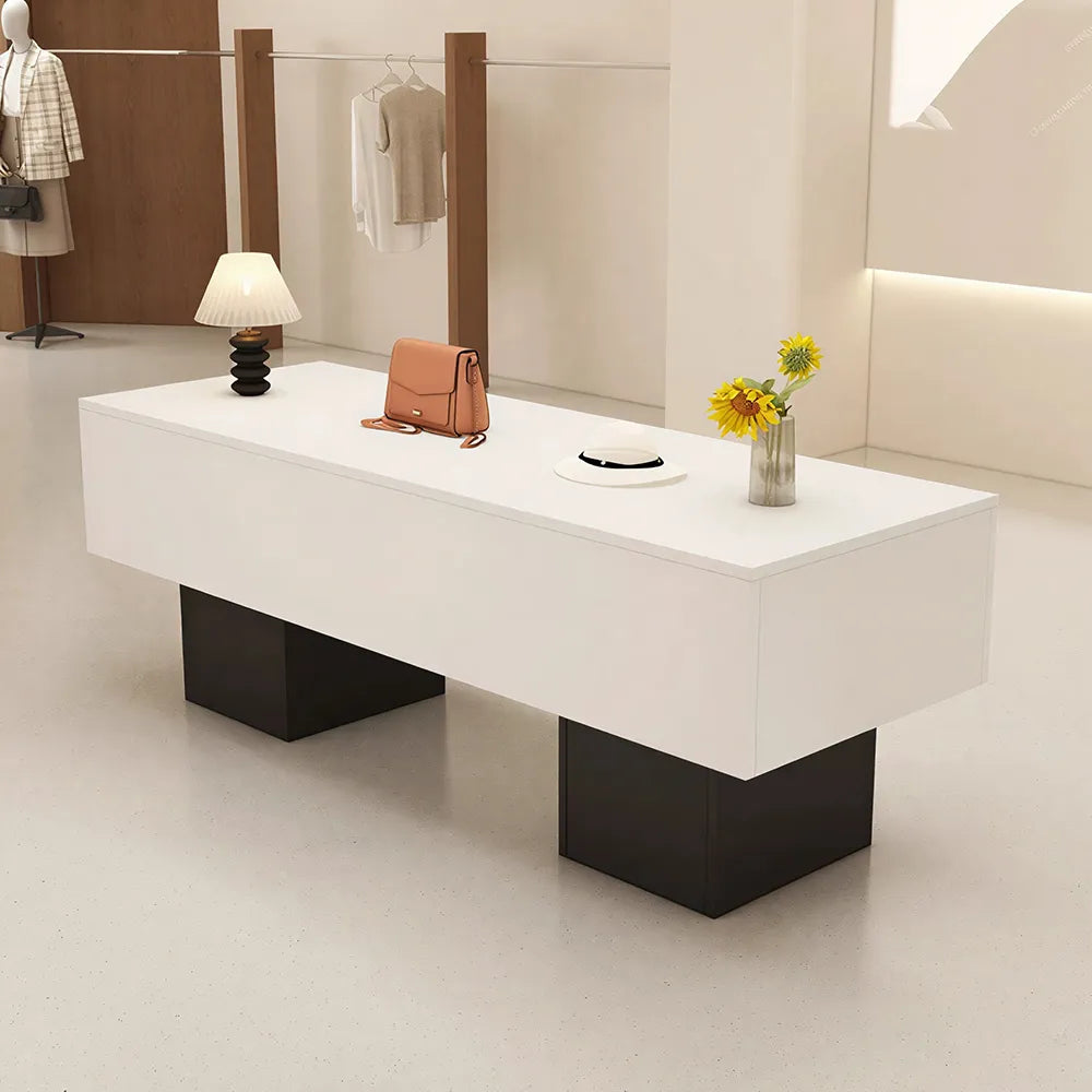 LIVARA 120/180cm Retail Island Display Table with Open Storage for Clothing and Boutique Stores - White & Black Base