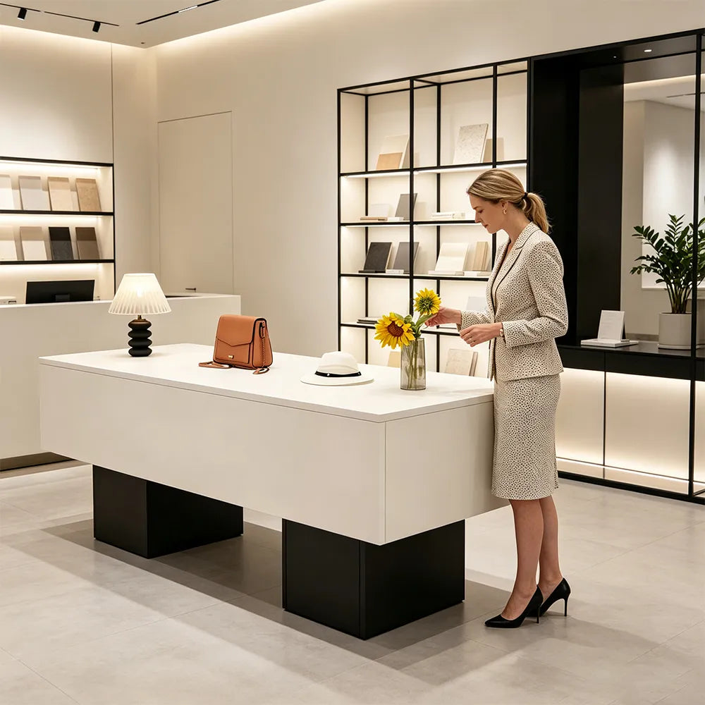 LIVARA 120/180cm Retail Island Display Table with Open Storage for Clothing and Boutique Stores - White & Black Base