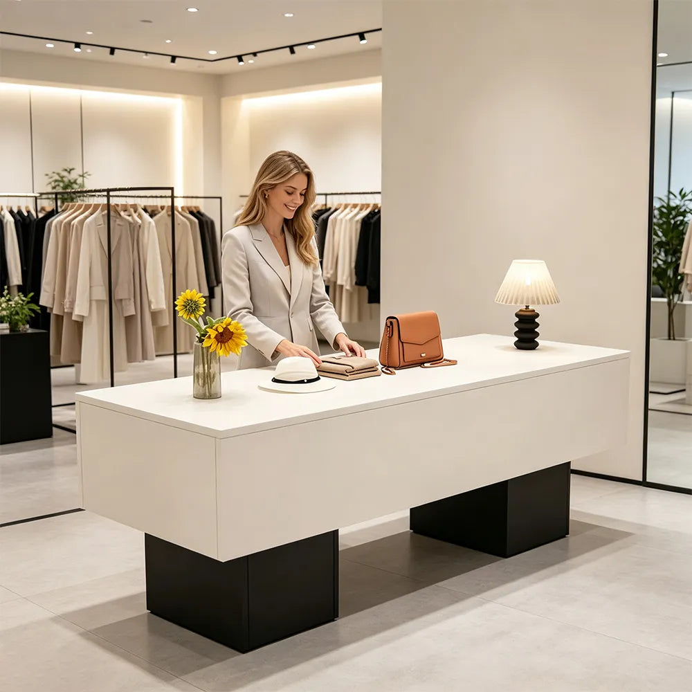 LIVARA 120/180cm Retail Island Display Table with Open Storage for Clothing and Boutique Stores - White & Black Base