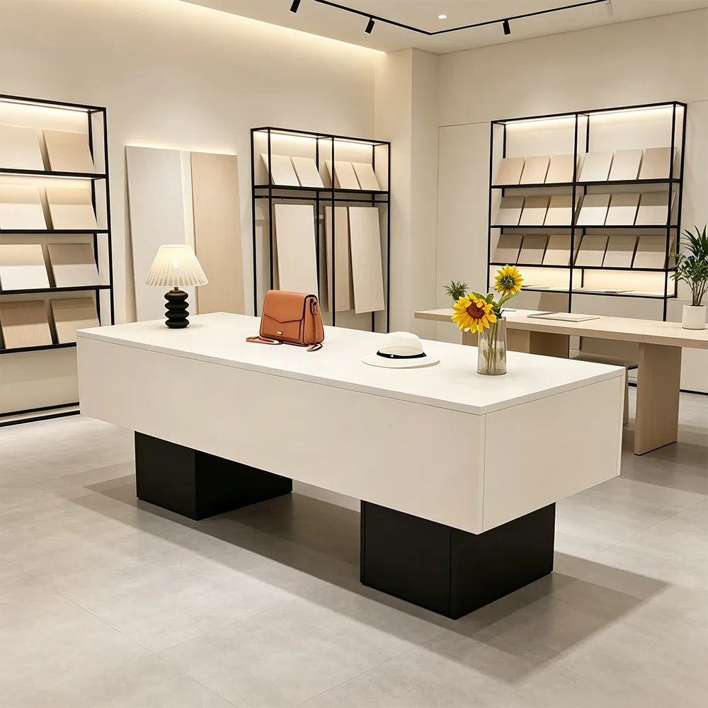 LIVARA 120/180cm Retail Island Display Table with Open Storage for Clothing and Boutique Stores - White & Black Base