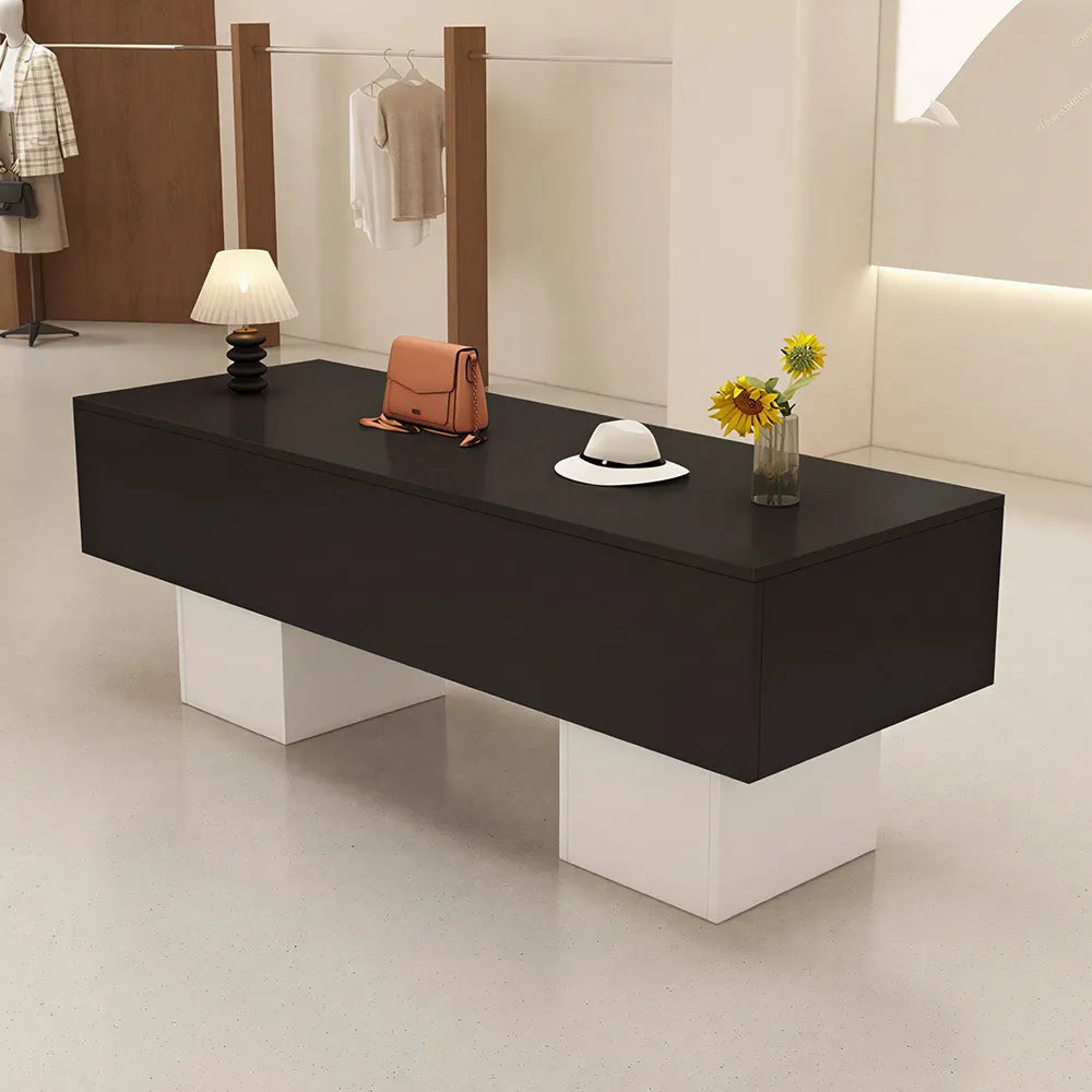 LIVARA 120/180cm Retail Island Display Table with Open Storage for Clothing and Boutique Stores - Black & White Base