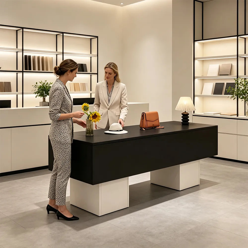 LIVARA 120/180cm Retail Island Display Table with Open Storage for Clothing and Boutique Stores - Black & White Base