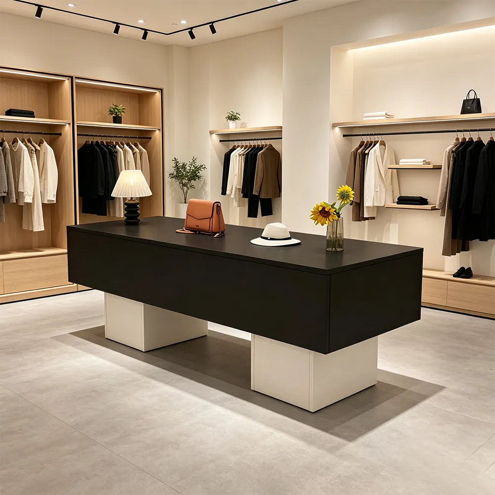 LIVARA 120/180cm Retail Island Display Table with Open Storage for Clothing and Boutique Stores - Black & White Base