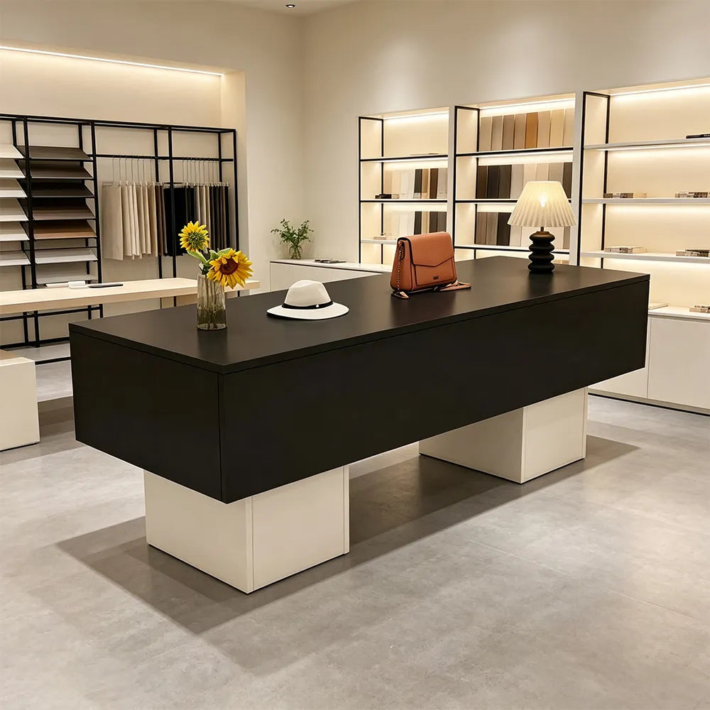 LIVARA 120/180cm Retail Island Display Table with Open Storage for Clothing and Boutique Stores - Black & White Base