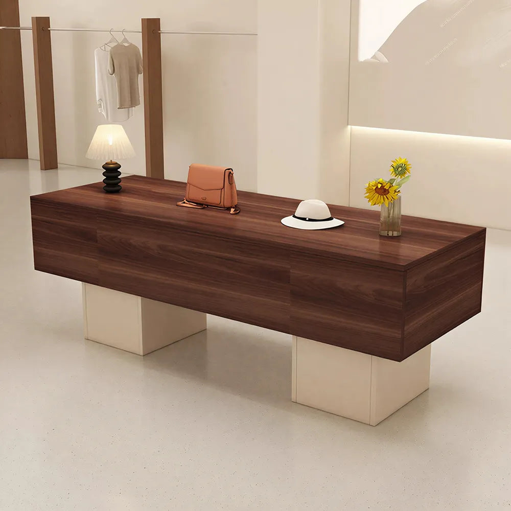 LIVARA 120/180cm Retail Island Display Table with Open Storage for Clothing and Boutique Stores - Walnut & Cream Base