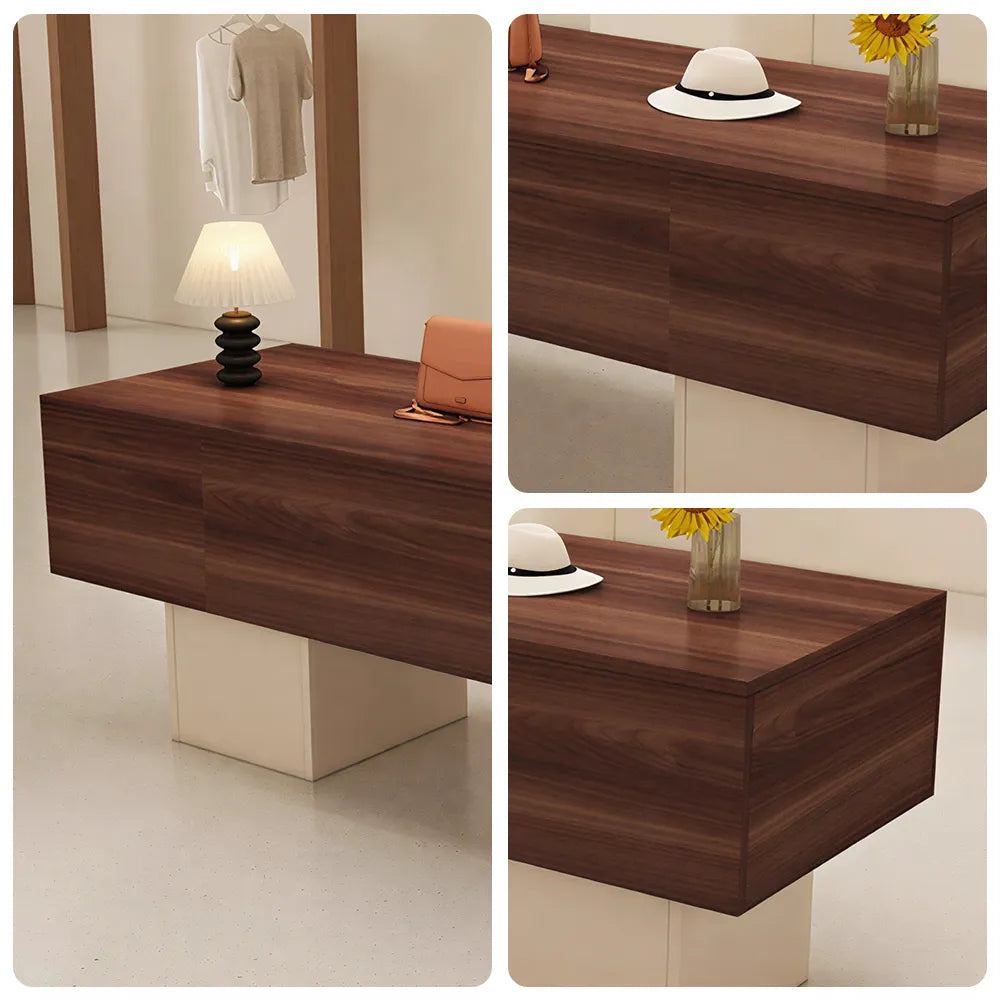 LIVARA 120/180cm Retail Island Display Table with Open Storage for Clothing and Boutique Stores - Walnut & Cream Base