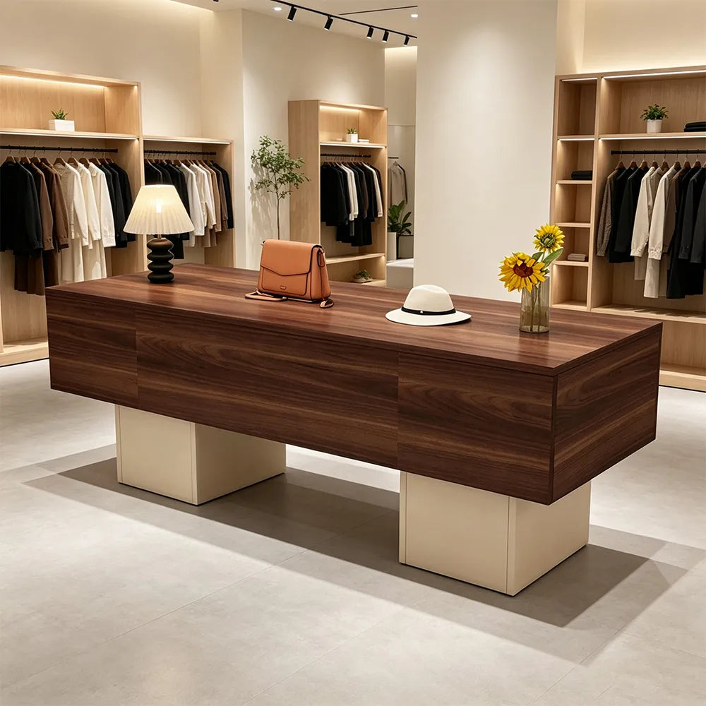 LIVARA 120/180cm Retail Island Display Table with Open Storage for Clothing and Boutique Stores - Walnut & Cream Base