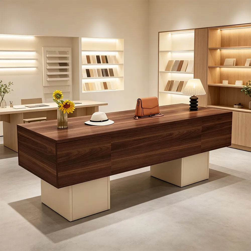 LIVARA 120/180cm Retail Island Display Table with Open Storage for Clothing and Boutique Stores - Walnut & Cream Base