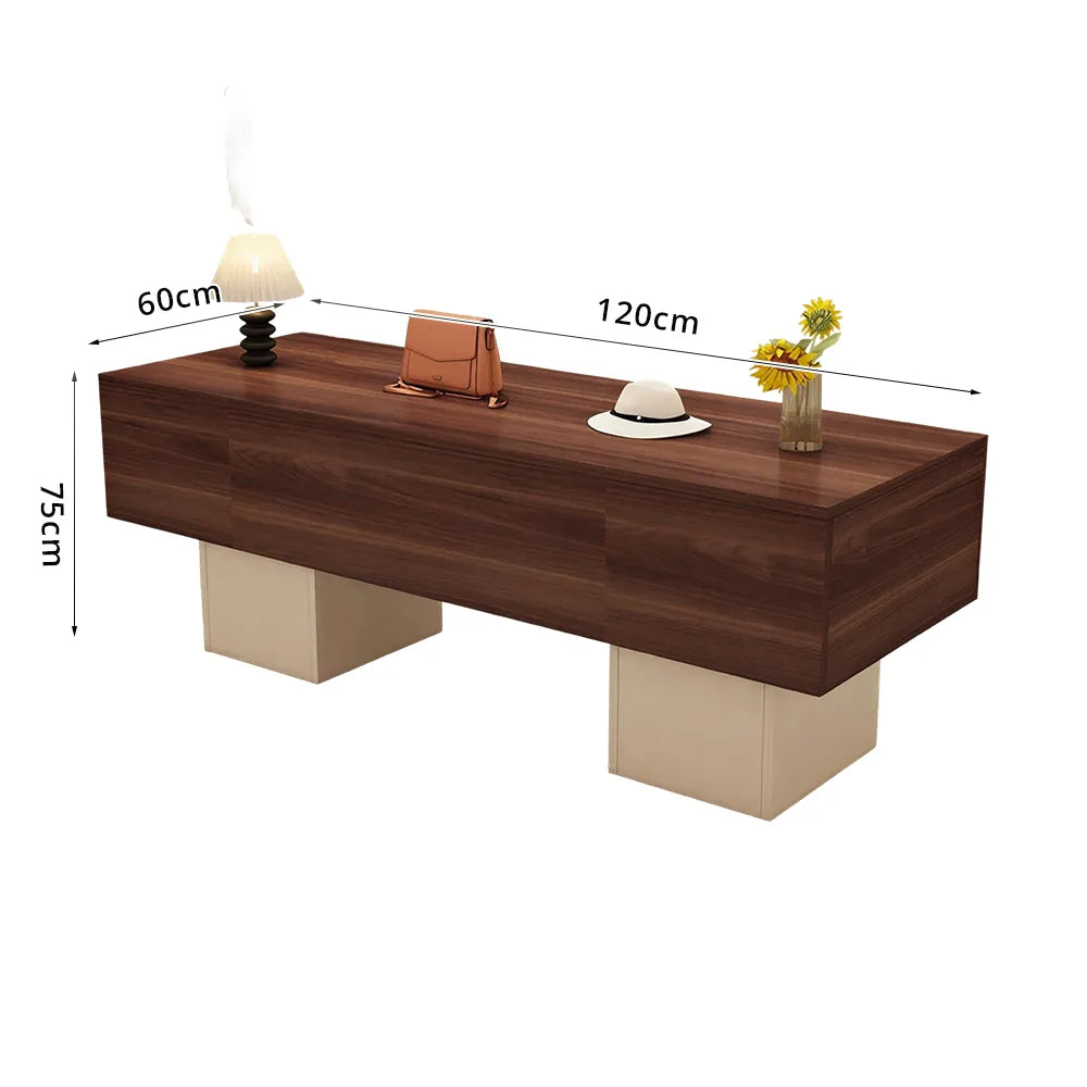 LIVARA 120/180cm Retail Island Display Table with Open Storage for Clothing and Boutique Stores - Walnut & Cream Base
