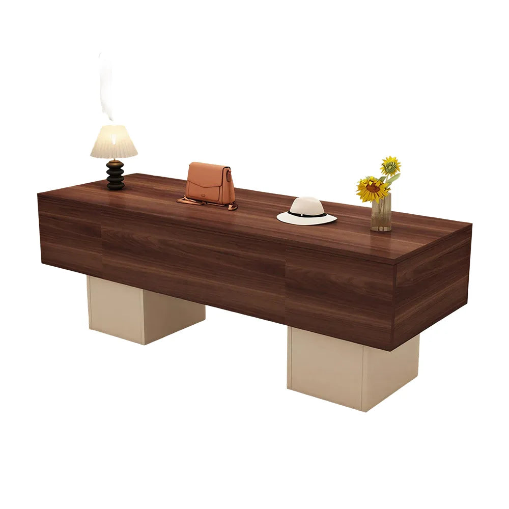 LIVARA 120/180cm Retail Island Display Table with Open Storage for Clothing and Boutique Stores - Walnut & Cream Base