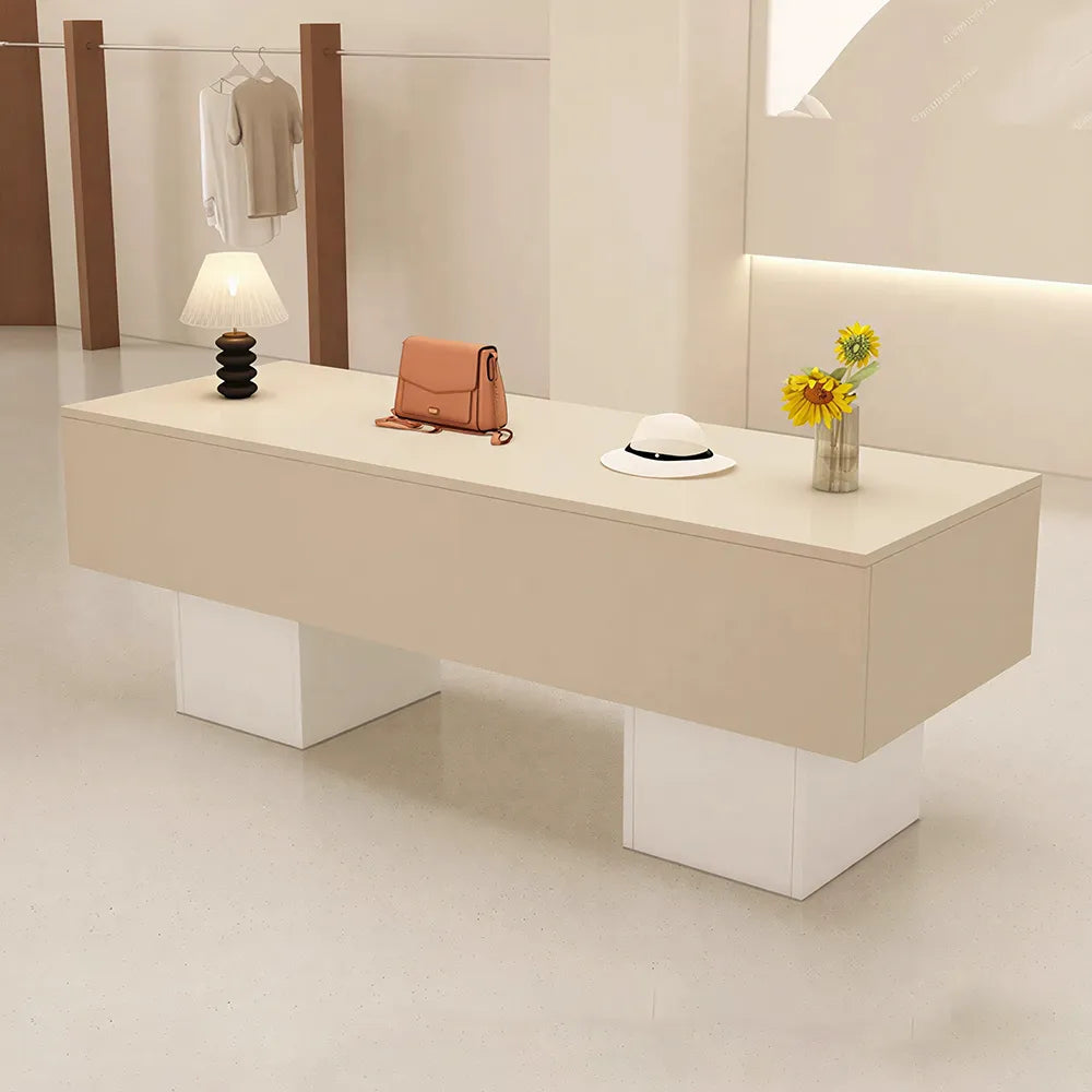 LIVARA 120/180cm Retail Island Display Table with Open Storage for Clothing and Boutique Stores - Cream & White