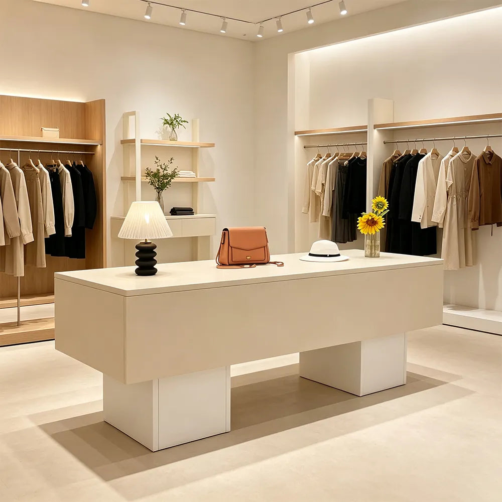 LIVARA 120/180cm Retail Island Display Table with Open Storage for Clothing and Boutique Stores - Cream & White
