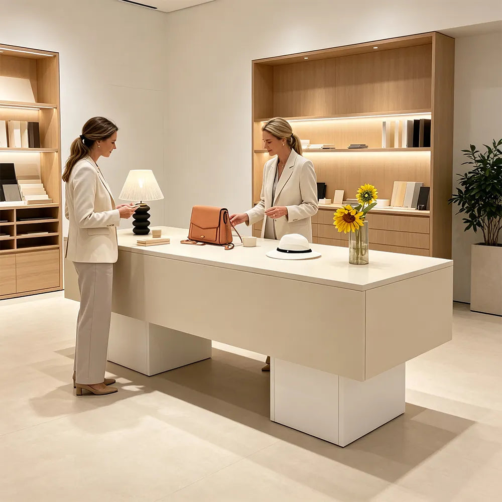 LIVARA 120/180cm Retail Island Display Table with Open Storage for Clothing and Boutique Stores - Cream & White