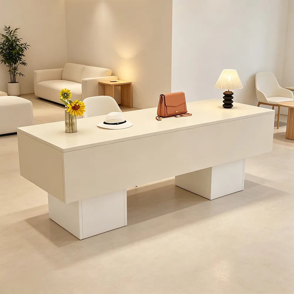 LIVARA 120/180cm Retail Island Display Table with Open Storage for Clothing and Boutique Stores - Cream & White