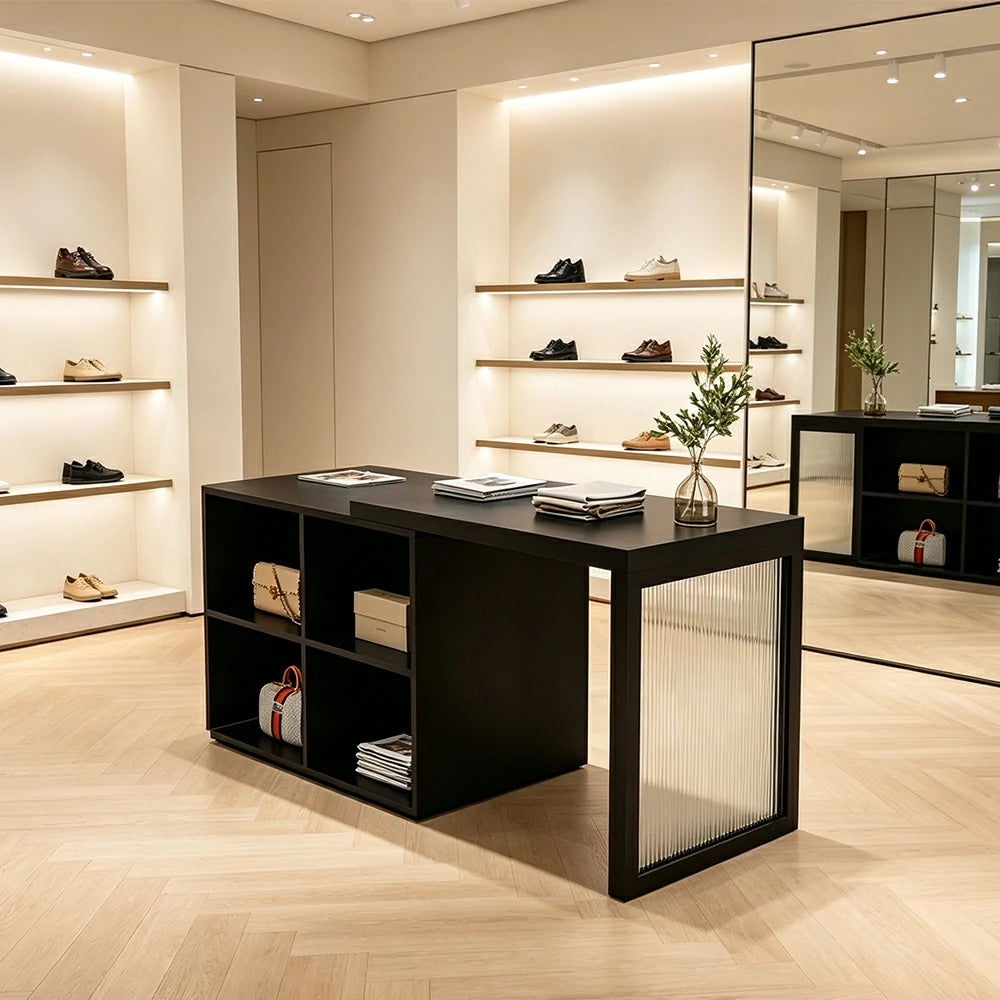 LIVARA 120/180cm Retail Island Display Cabinet with 4-Compartment Storage for Clothing Store - Black