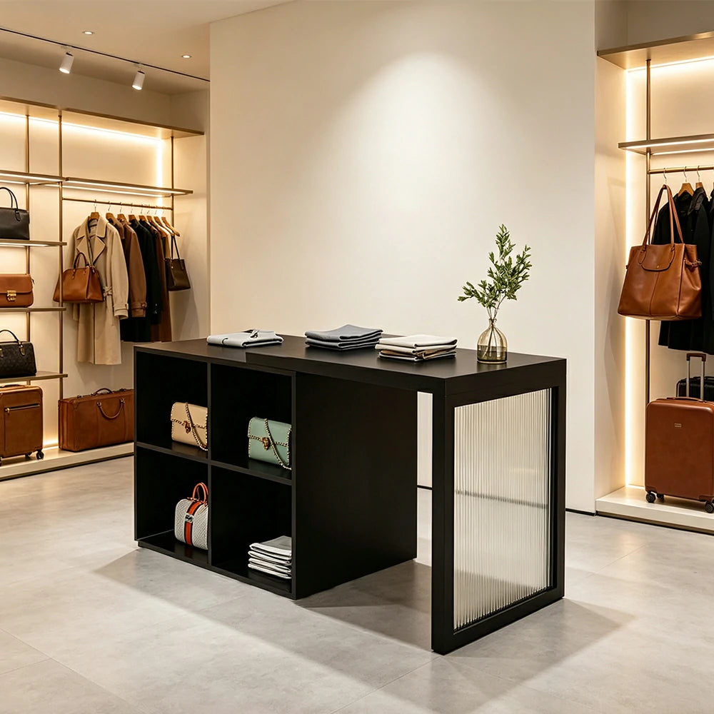 LIVARA 120/180cm Retail Island Display Cabinet with 4-Compartment Storage for Clothing Store - Black