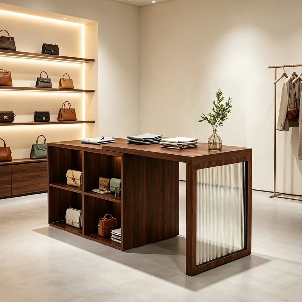 LIVARA 120/180cm Retail Island Display Cabinet with 4-Compartment Storage for Clothing Store - Walnut