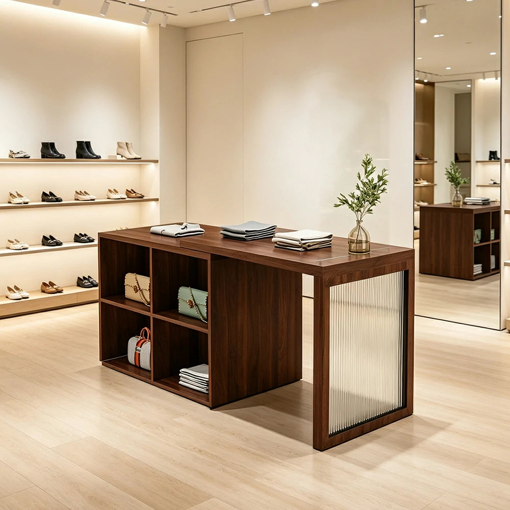 LIVARA 120/180cm Retail Island Display Cabinet with 4-Compartment Storage for Clothing Store - Walnut