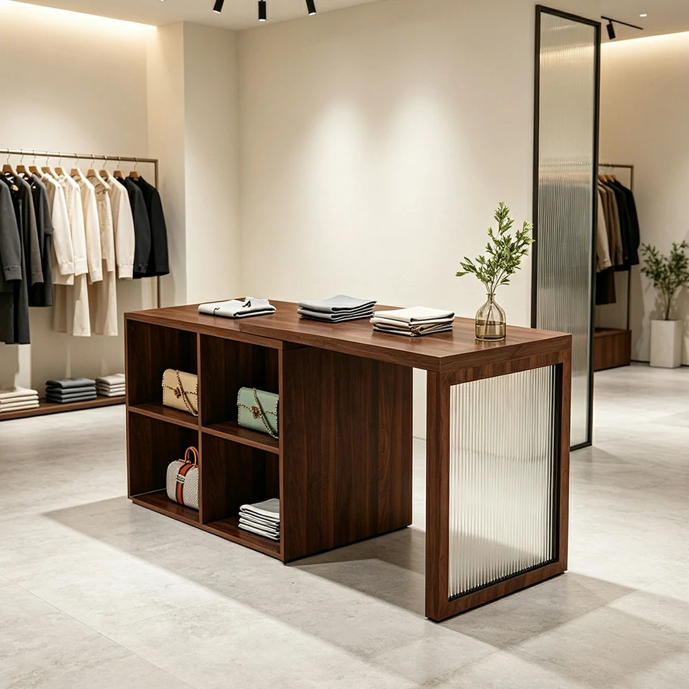 LIVARA 120/180cm Retail Island Display Cabinet with 4-Compartment Storage for Clothing Store - Walnut