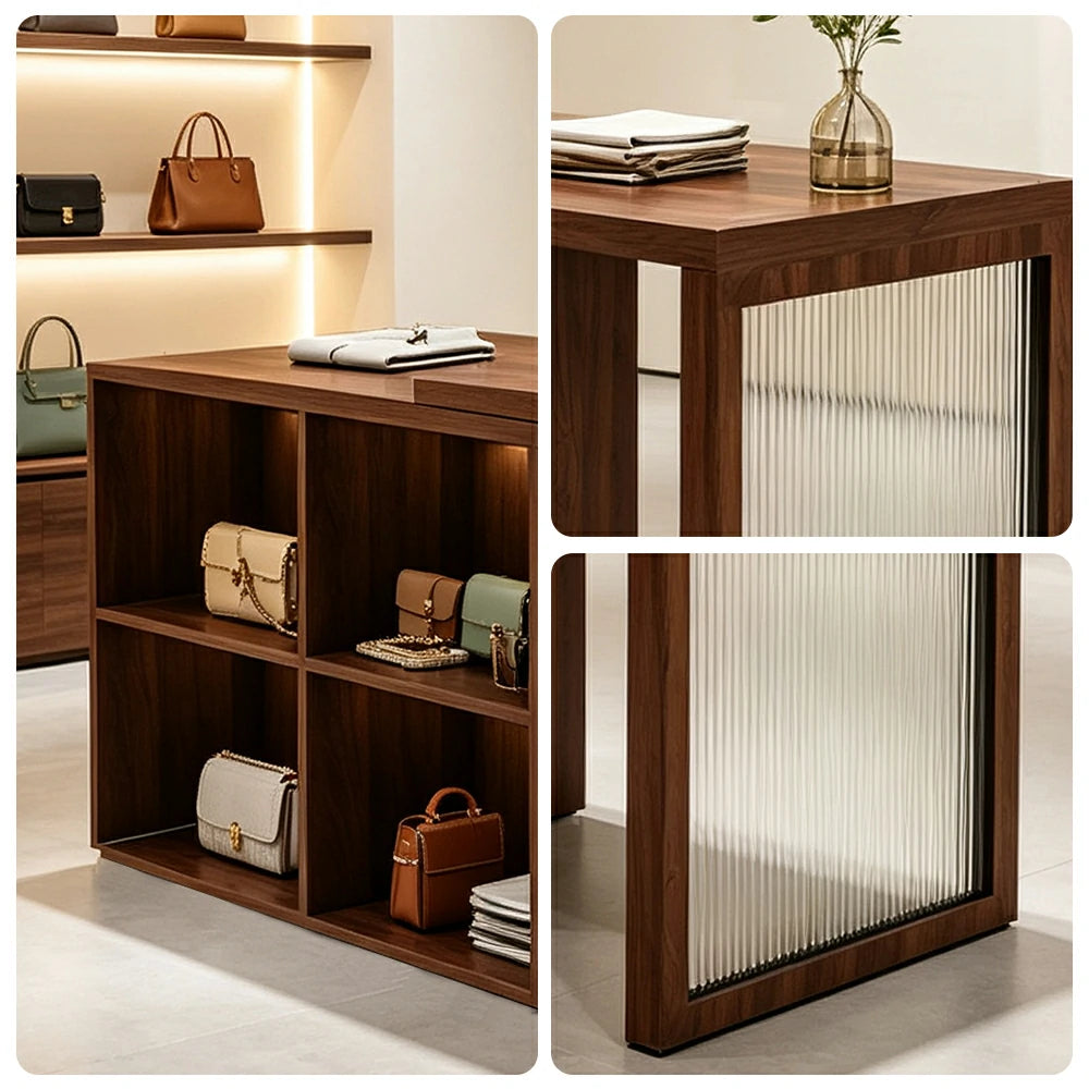LIVARA 120/180cm Retail Island Display Cabinet with 4-Compartment Storage for Clothing Store - Walnut