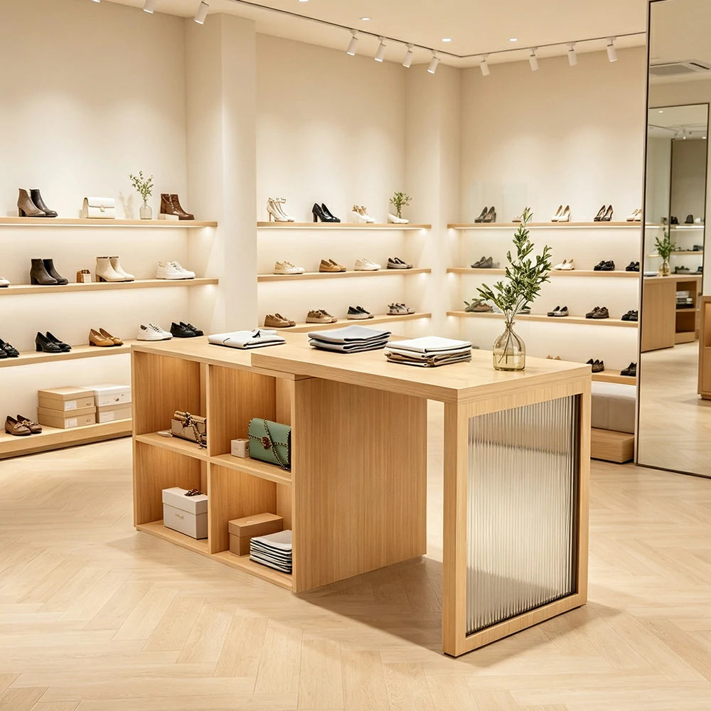 LIVARA 120/180cm Retail Island Display Cabinet with 4-Compartment Storage for Clothing Store - Wood