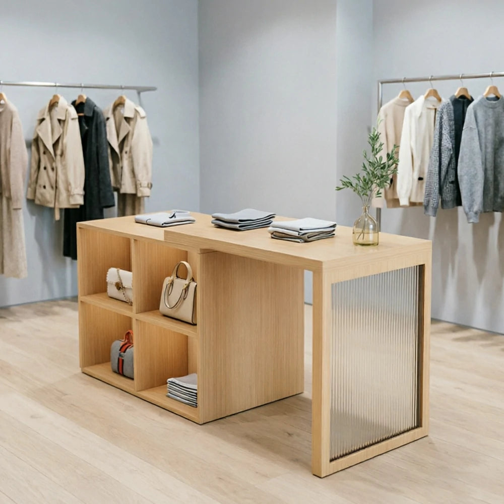 LIVARA 120/180cm Retail Island Display Cabinet with 4-Compartment Storage for Clothing Store - Wood