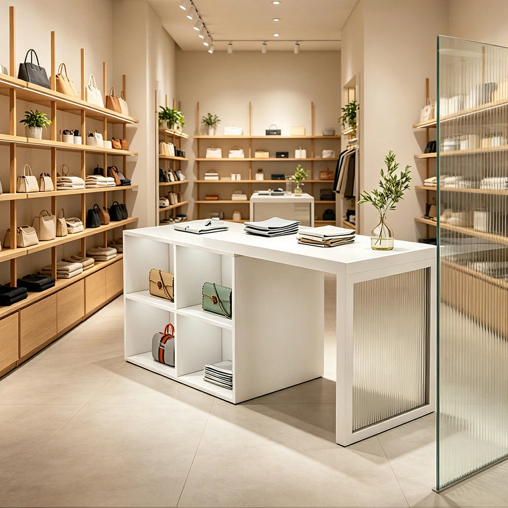 LIVARA 120/180cm Retail Island Display Cabinet with 4-Compartment Storage for Clothing Store - White