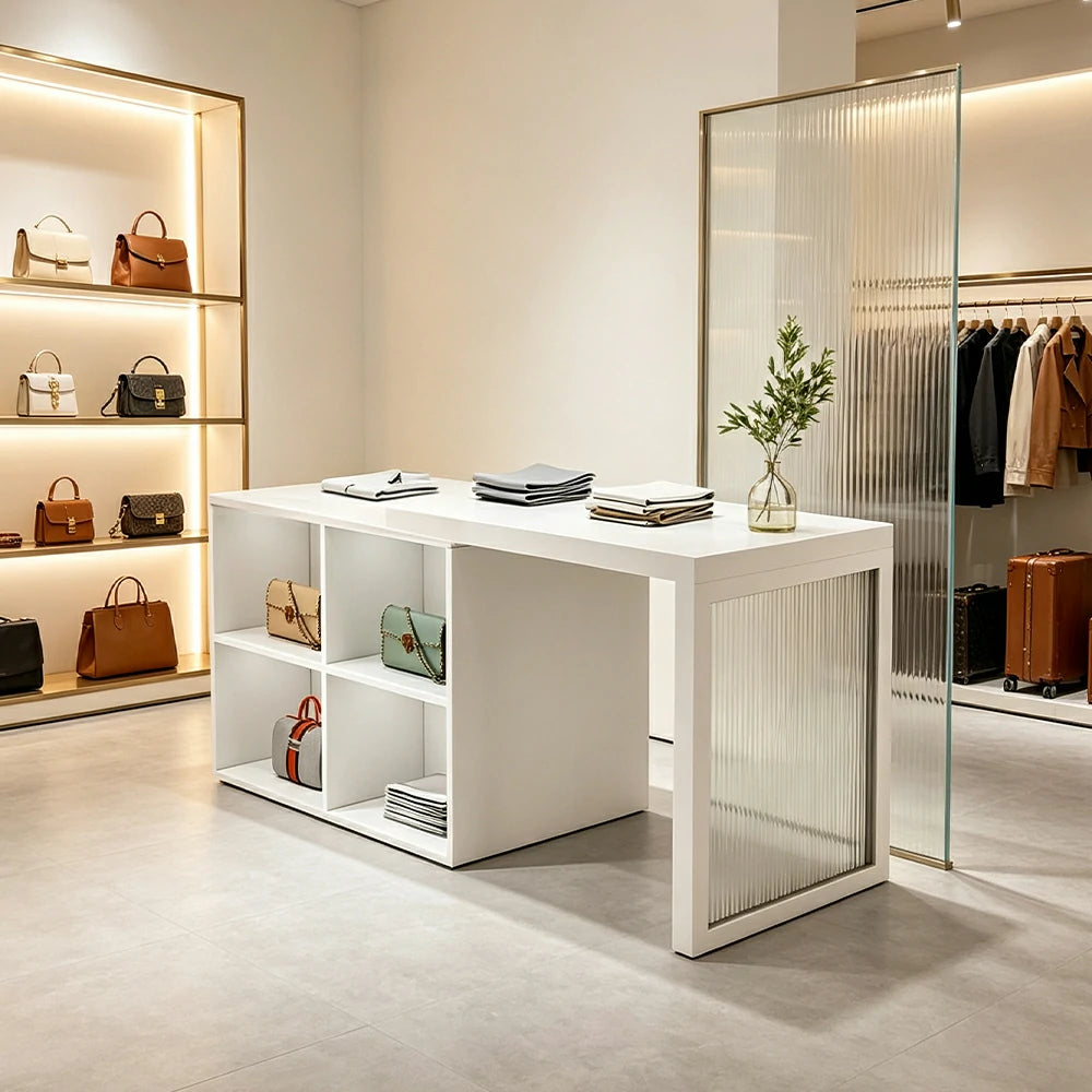 LIVARA 120/180cm Retail Island Display Cabinet with 4-Compartment Storage for Clothing Store - White