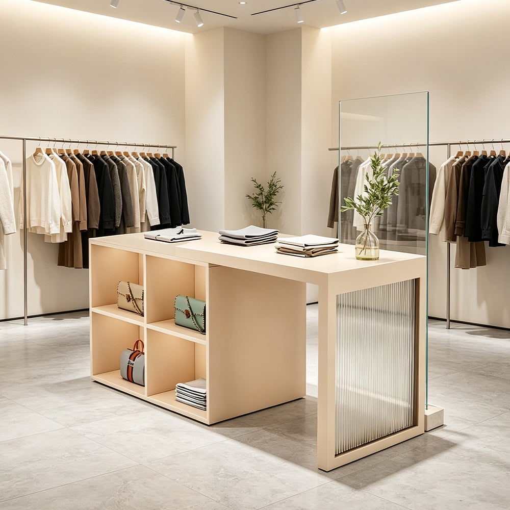 LIVARA 120/180cm Retail Island Display Cabinet with 4-Compartment Storage for Clothing Store - Beige