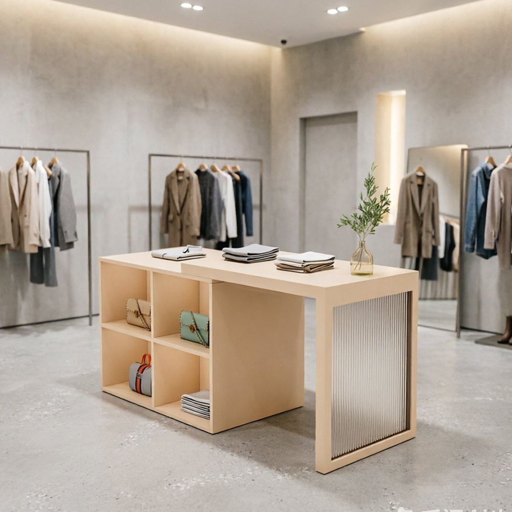 LIVARA 120/180cm Retail Island Display Cabinet with 4-Compartment Storage for Clothing Store - Beige
