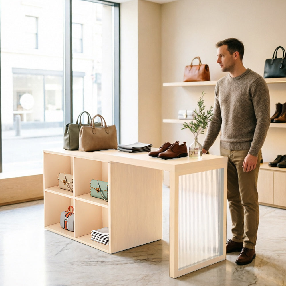 LIVARA 120/180cm Retail Island Display Cabinet with 4-Compartment Storage for Clothing Store - Beige
